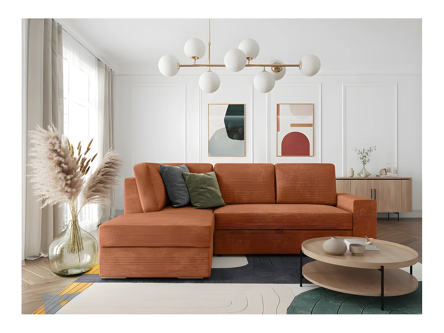 Canapé d'angle gauche 3 places convertible Aden avec coffre en velours côtelé - Terracotta - L246 x P174 x H96cm - Loungitude