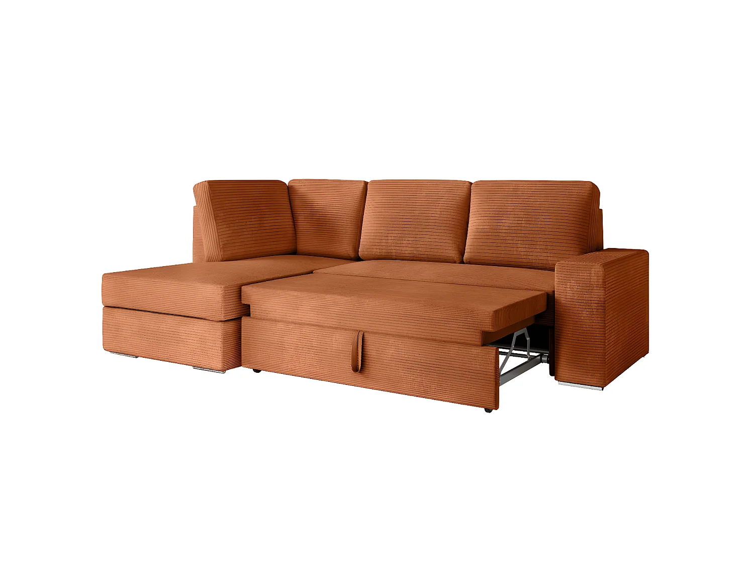 Canapé d'angle gauche 3 places convertible Aden avec coffre en velours côtelé - Terracotta - L246 x P174 x H96cm - Loungitude