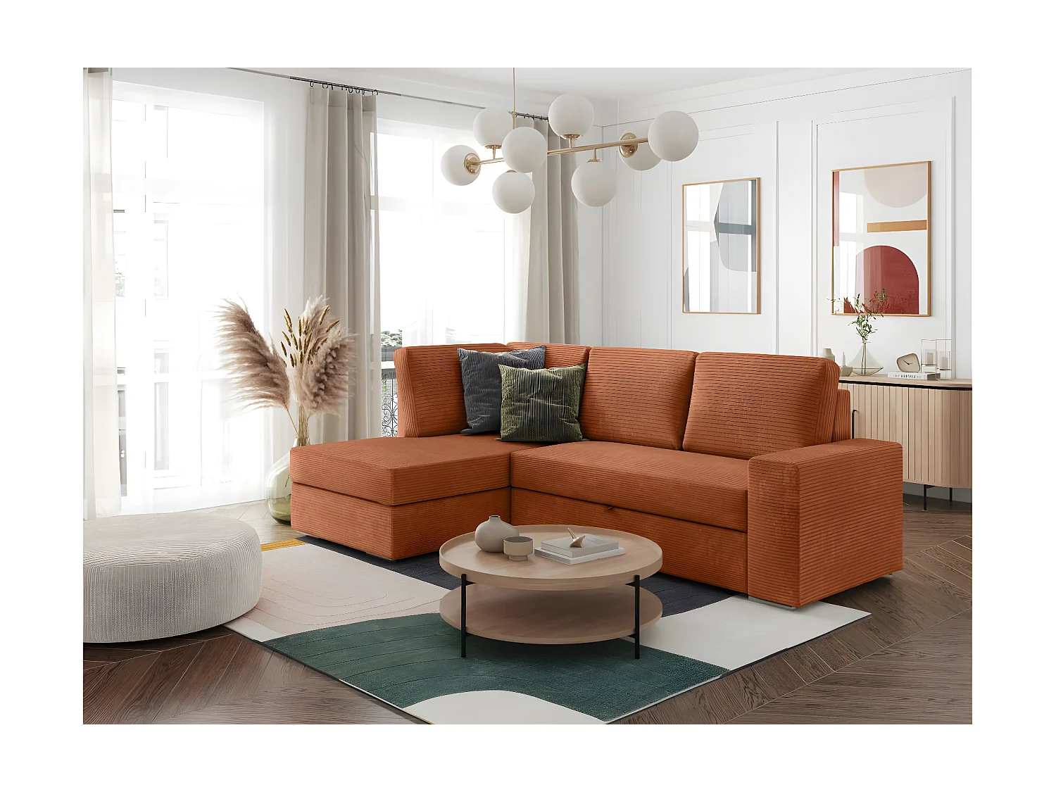 Canapé d'angle gauche 3 places convertible Aden avec coffre en velours côtelé - Terracotta - L246 x P174 x H96cm - Loungitude