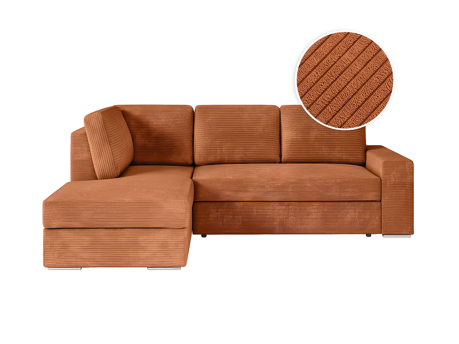 Canapé d'angle gauche 3 places convertible Aden avec coffre en velours côtelé - Terracotta - L246 x P174 x H96cm - Loungitude