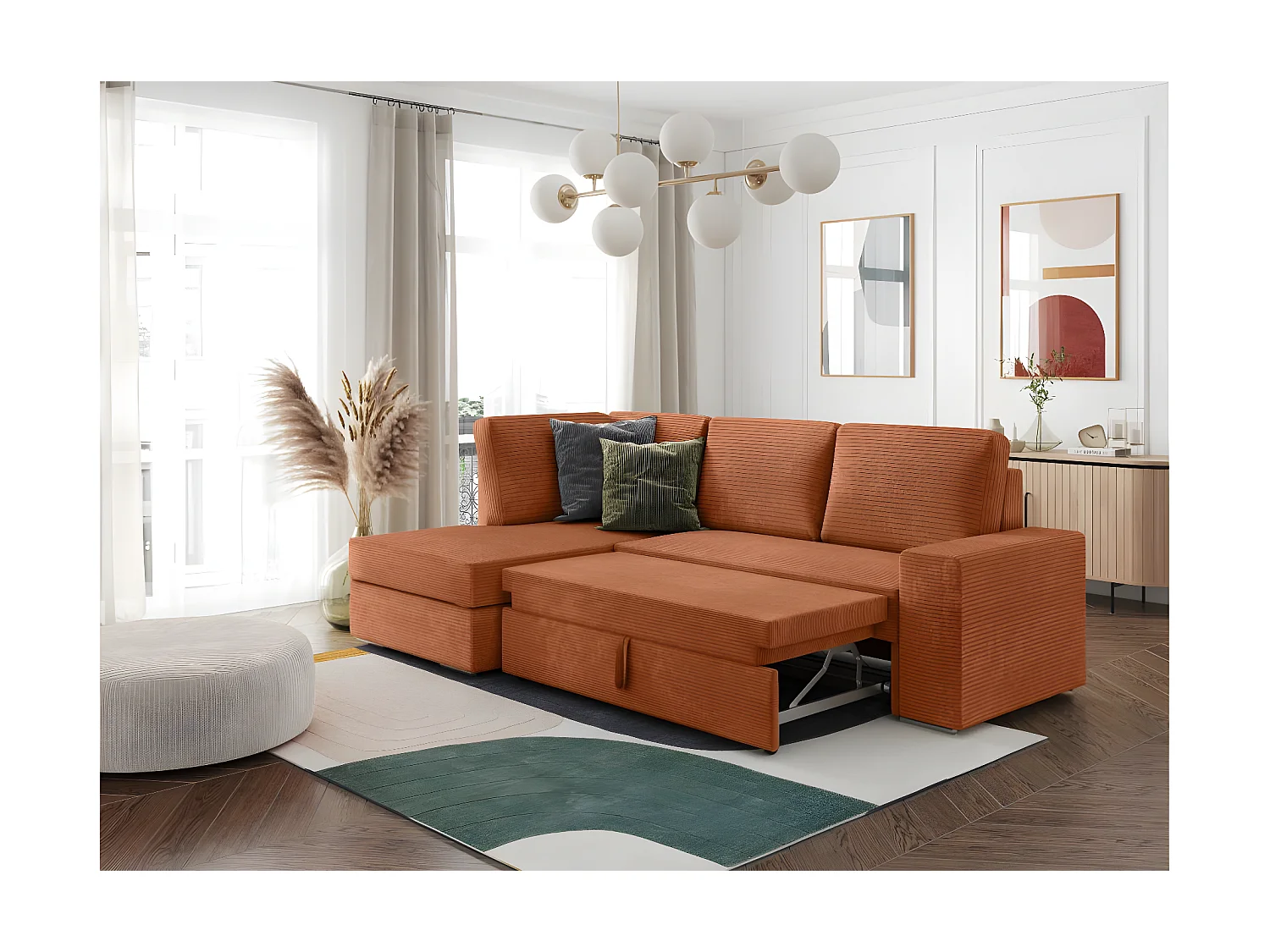 Canapé d'angle gauche 3 places convertible Aden avec coffre en velours côtelé - Terracotta - L246 x P174 x H96cm - Loungitude