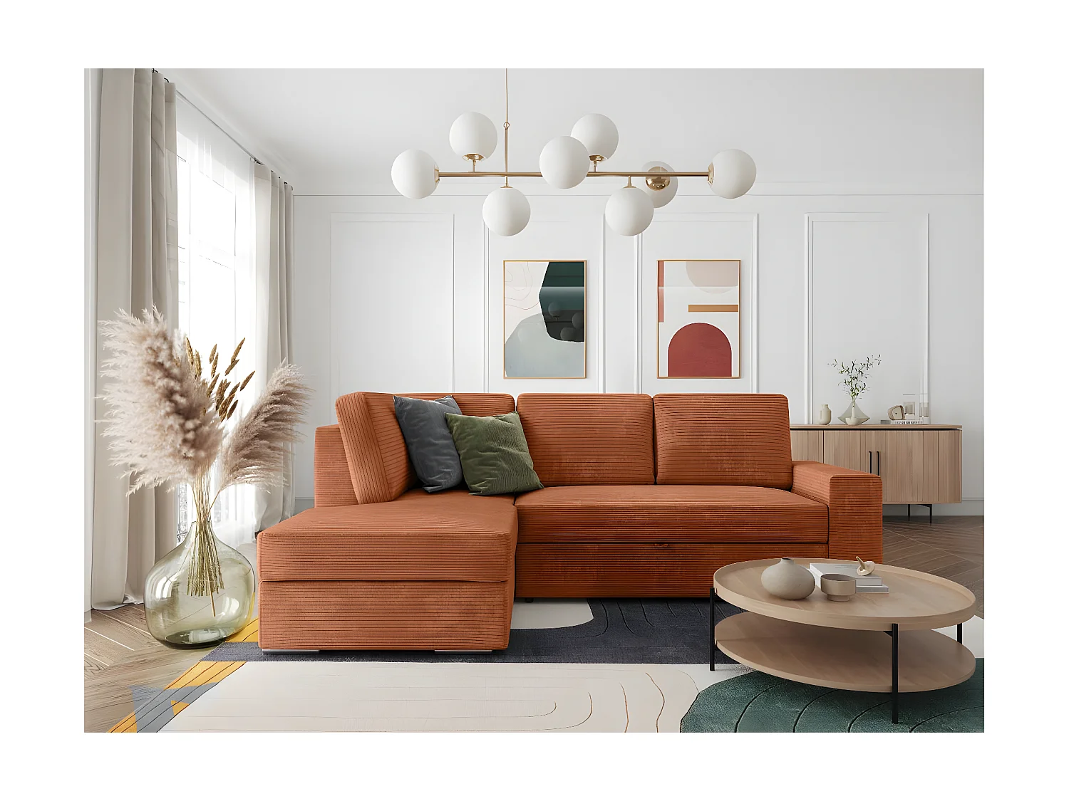 Canapé d'angle gauche 3 places convertible Aden avec coffre en velours côtelé - Terracotta - L246 x P174 x H96cm - Loungitude