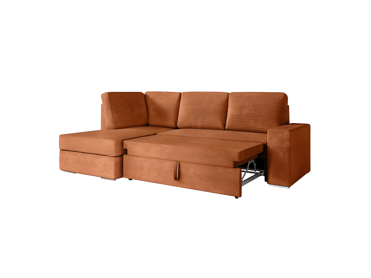 Canapé d'angle gauche 3 places convertible Aden avec coffre en velours côtelé - Terracotta - L246 x P174 x H96cm - Loungitude