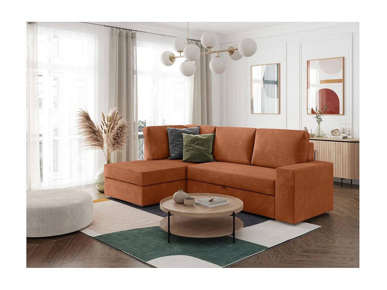 Canapé d'angle gauche 3 places convertible Aden avec coffre en velours côtelé - Terracotta - L246 x P174 x H96cm - Loungitude