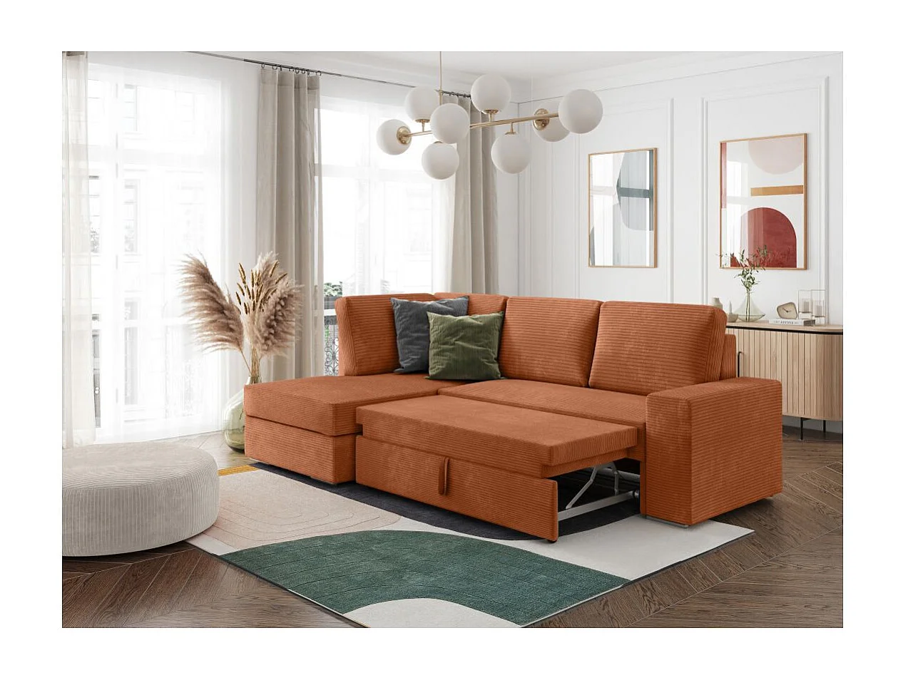 Canapé d'angle gauche 3 places convertible Aden avec coffre en velours côtelé - Terracotta - L246 x P174 x H96cm - Loungitude