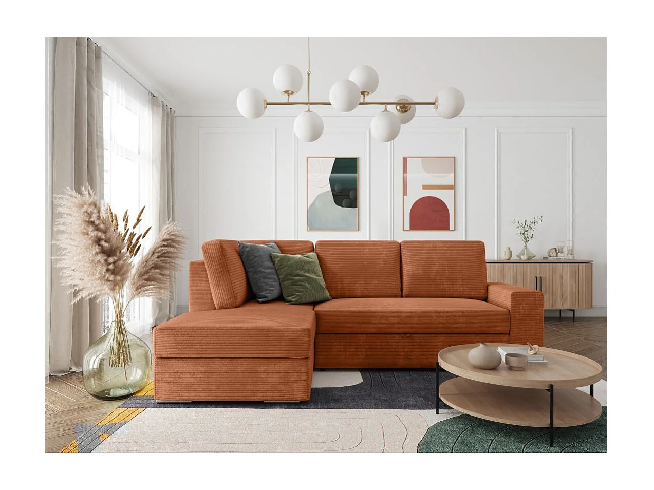 Canapé d'angle gauche 3 places convertible Aden avec coffre en velours côtelé - Terracotta - L246 x P174 x H96cm - Loungitude