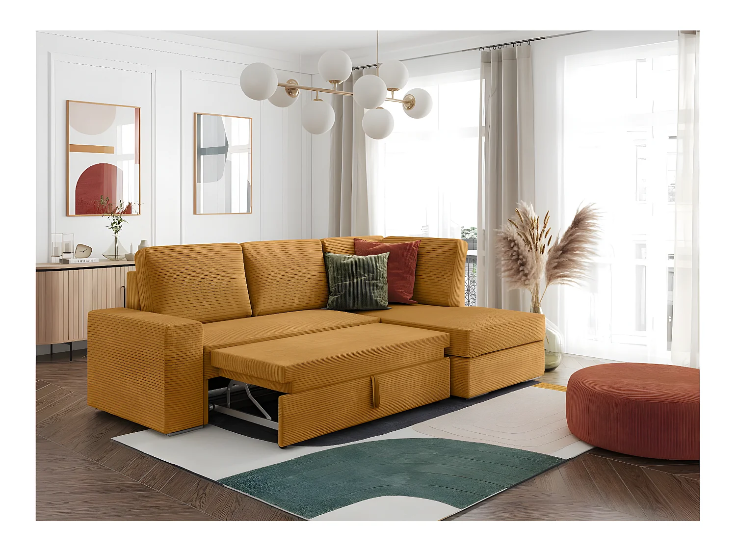 Canapé d'angle droit 3 places convertible Aden avec coffre en velours côtelé - Jaune - L246 x P174 x H96cm - Loungitude