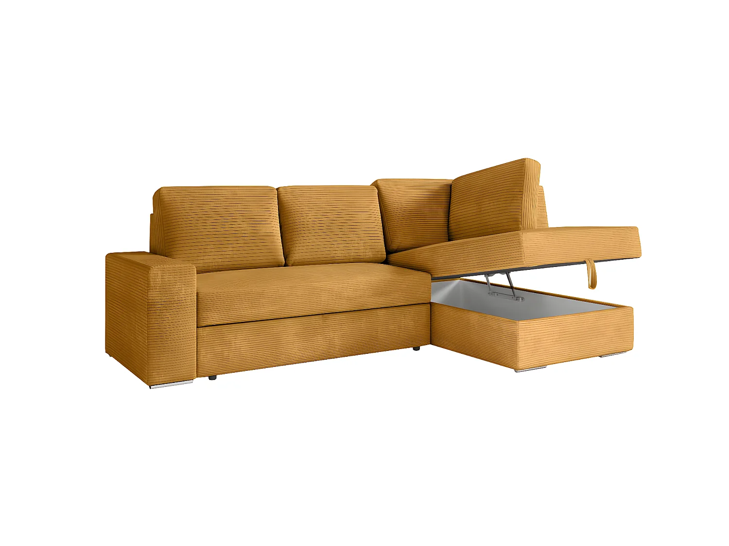 Canapé d'angle droit 3 places convertible Aden avec coffre en velours côtelé - Jaune - L246 x P174 x H96cm - Loungitude