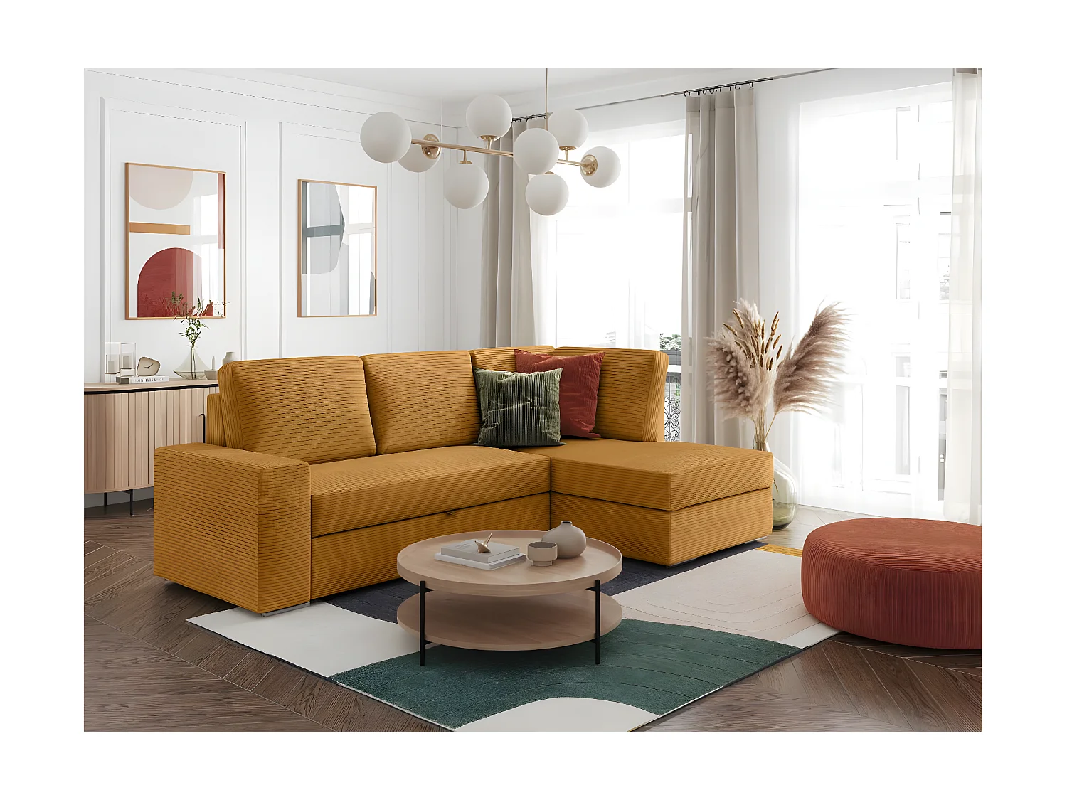 Canapé d'angle droit 3 places convertible Aden avec coffre en velours côtelé - Jaune - L246 x P174 x H96cm - Loungitude