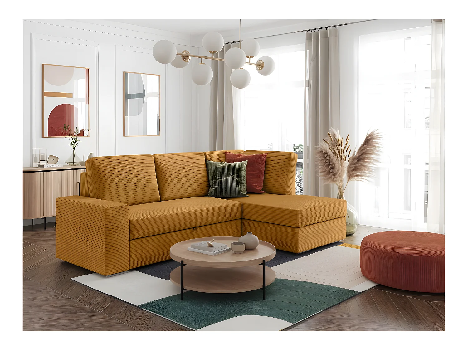 Canapé d'angle droit 3 places convertible Aden avec coffre en velours côtelé - Jaune - L246 x P174 x H96cm - Loungitude