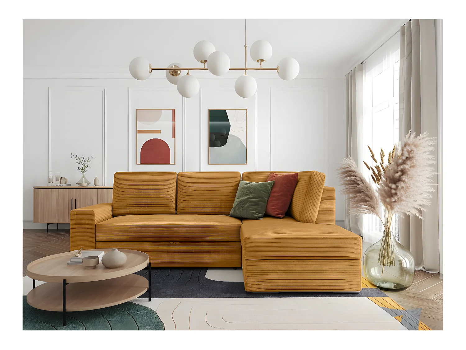 Canapé d'angle droit 3 places convertible Aden avec coffre en velours côtelé - Jaune - L246 x P174 x H96cm - Loungitude