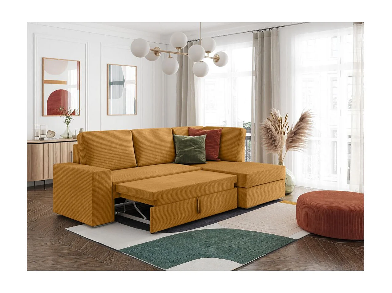 Canapé d'angle droit 3 places convertible Aden avec coffre en velours côtelé - Jaune - L246 x P174 x H96cm - Loungitude