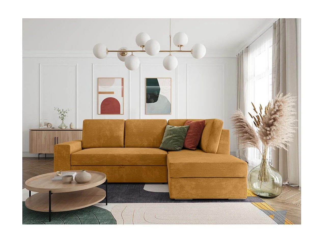 Canapé d'angle droit 3 places convertible Aden avec coffre en velours côtelé - Jaune - L246 x P174 x H96cm - Loungitude