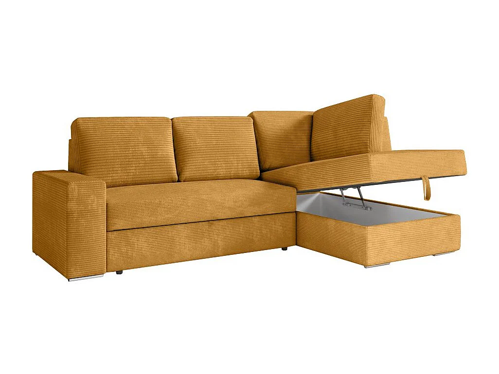 Canapé d'angle droit 3 places convertible Aden avec coffre en velours côtelé - Jaune - L246 x P174 x H96cm - Loungitude