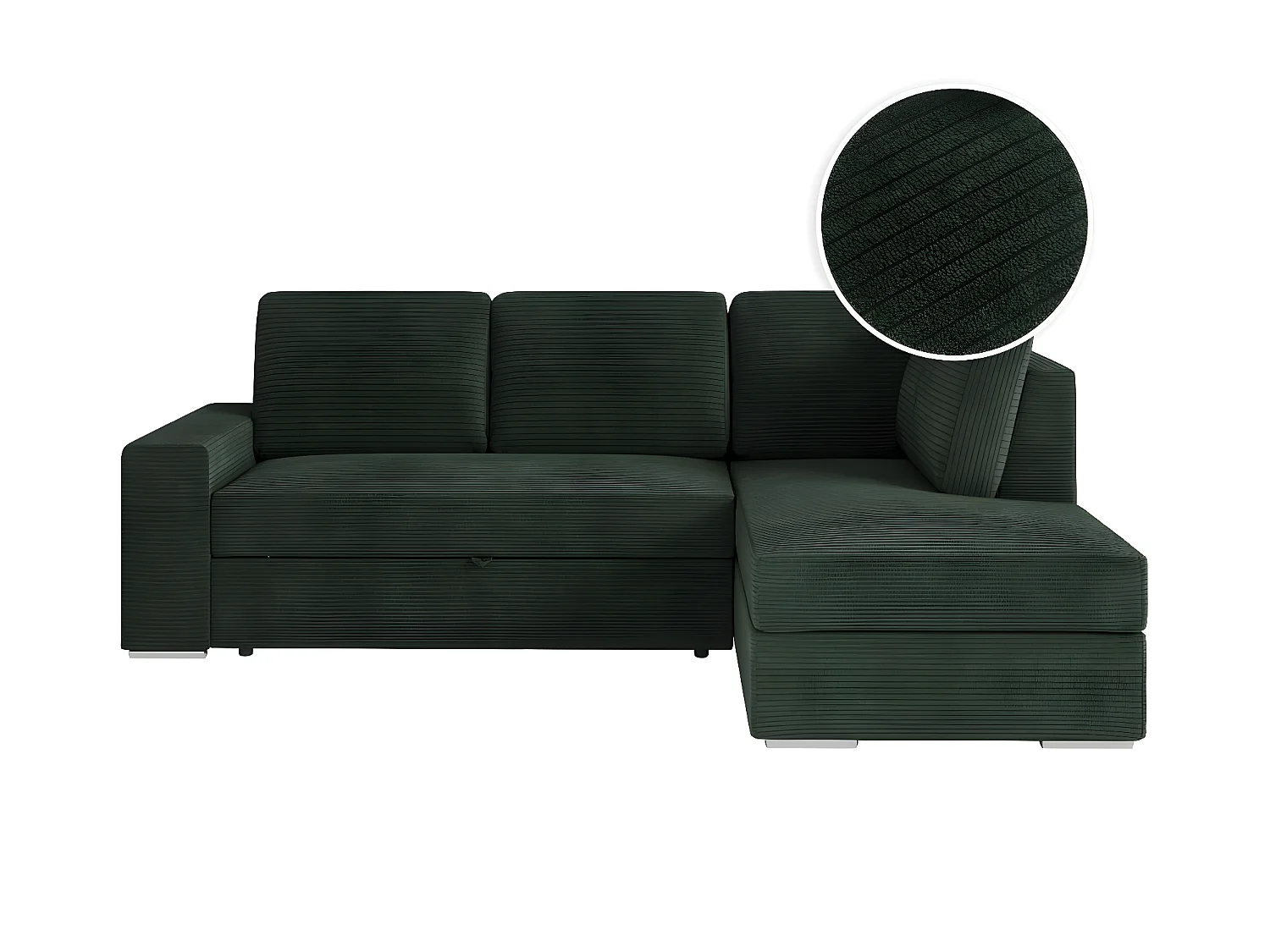 Canapé d'angle droit 3 places convertible Aden avec coffre en velours côtelé - Vert foncé - L246 x P174 x H96cm - Loungitude