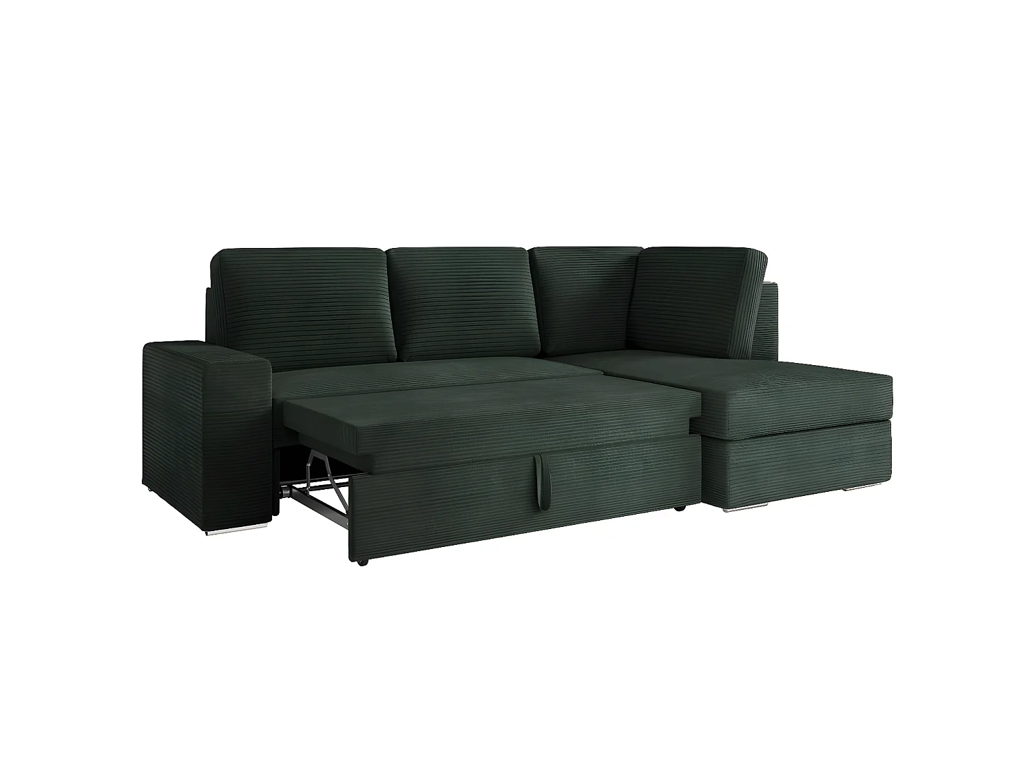 Canapé d'angle droit 3 places convertible Aden avec coffre en velours côtelé - Vert foncé - L246 x P174 x H96cm - Loungitude