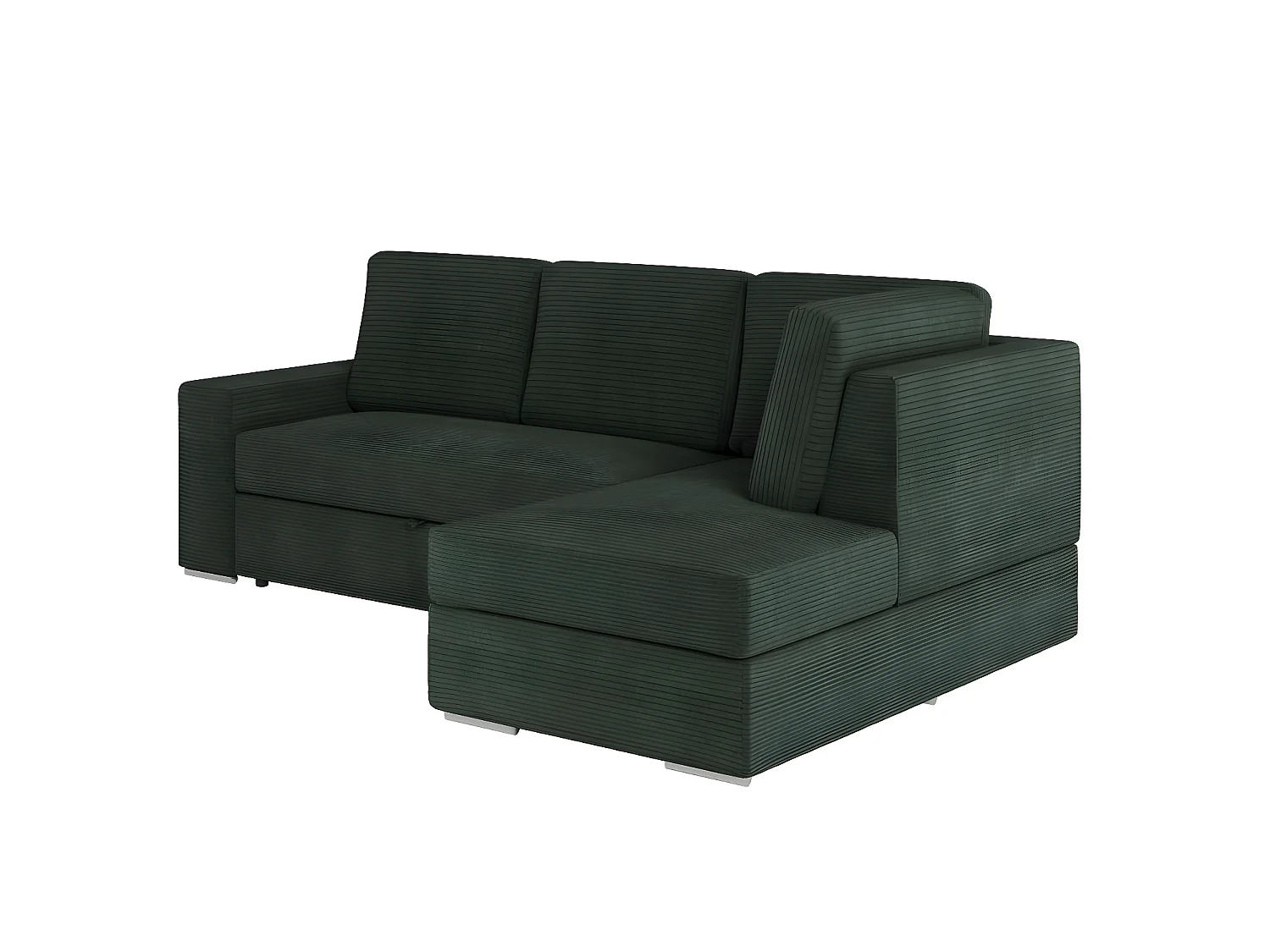 Canapé d'angle droit 3 places convertible Aden avec coffre en velours côtelé - Vert foncé - L246 x P174 x H96cm - Loungitude