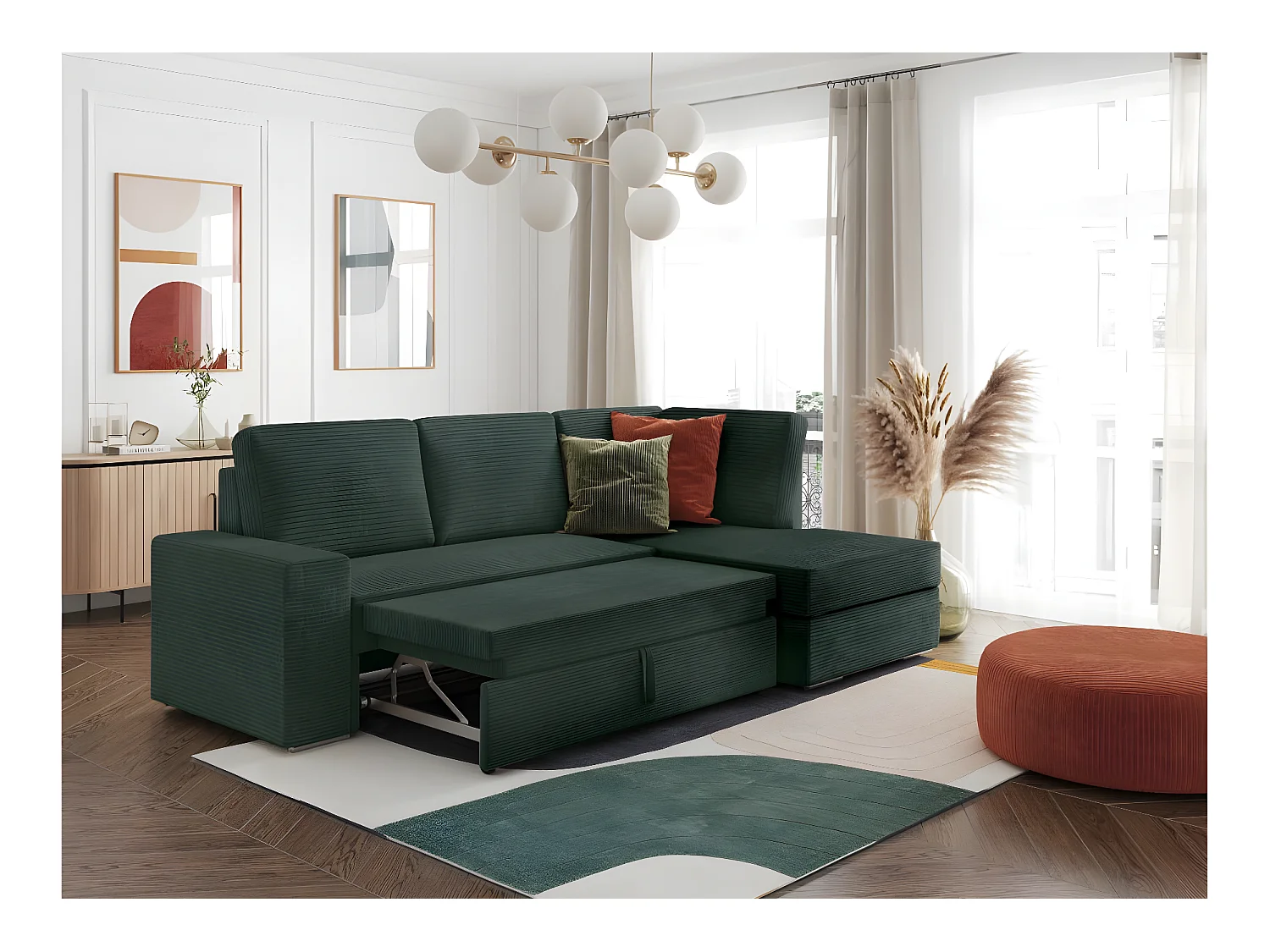 Canapé d'angle droit 3 places convertible Aden avec coffre en velours côtelé - Vert foncé - L246 x P174 x H96cm - Loungitude