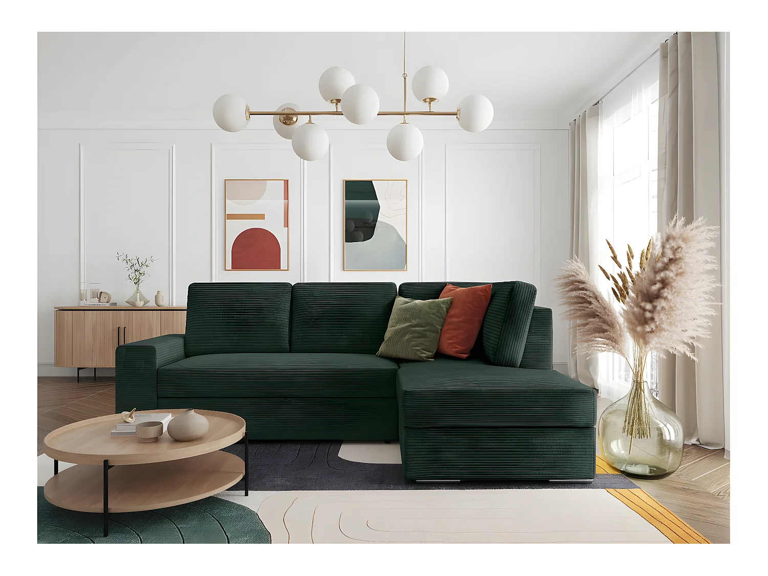 Canapé d'angle droit 3 places convertible Aden avec coffre en velours côtelé - Vert foncé - L246 x P174 x H96cm - Loungitude