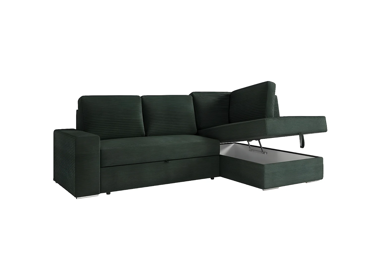 Canapé d'angle droit 3 places convertible Aden avec coffre en velours côtelé - Vert foncé - L246 x P174 x H96cm - Loungitude