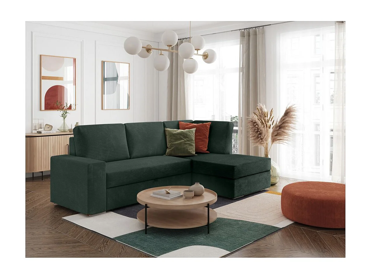 Canapé d'angle droit 3 places convertible Aden avec coffre en velours côtelé - Vert foncé - L246 x P174 x H96cm - Loungitude