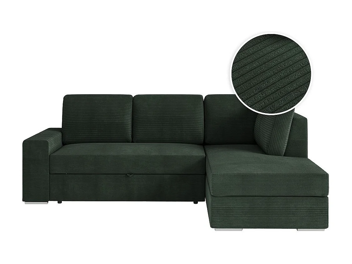 Canapé d'angle droit 3 places convertible Aden avec coffre en velours côtelé - Vert foncé - L246 x P174 x H96cm - Loungitude