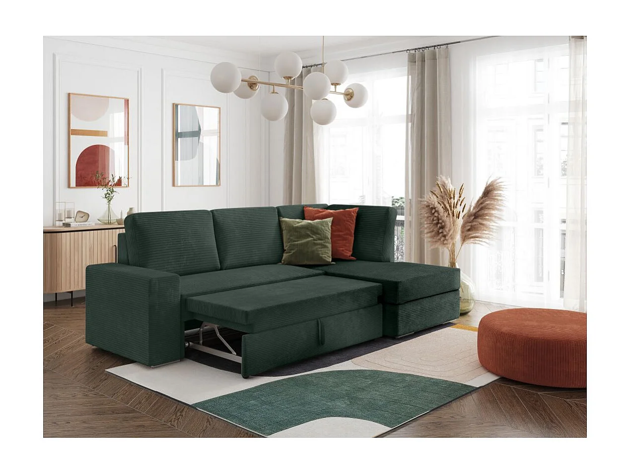 Canapé d'angle droit 3 places convertible Aden avec coffre en velours côtelé - Vert foncé - L246 x P174 x H96cm - Loungitude