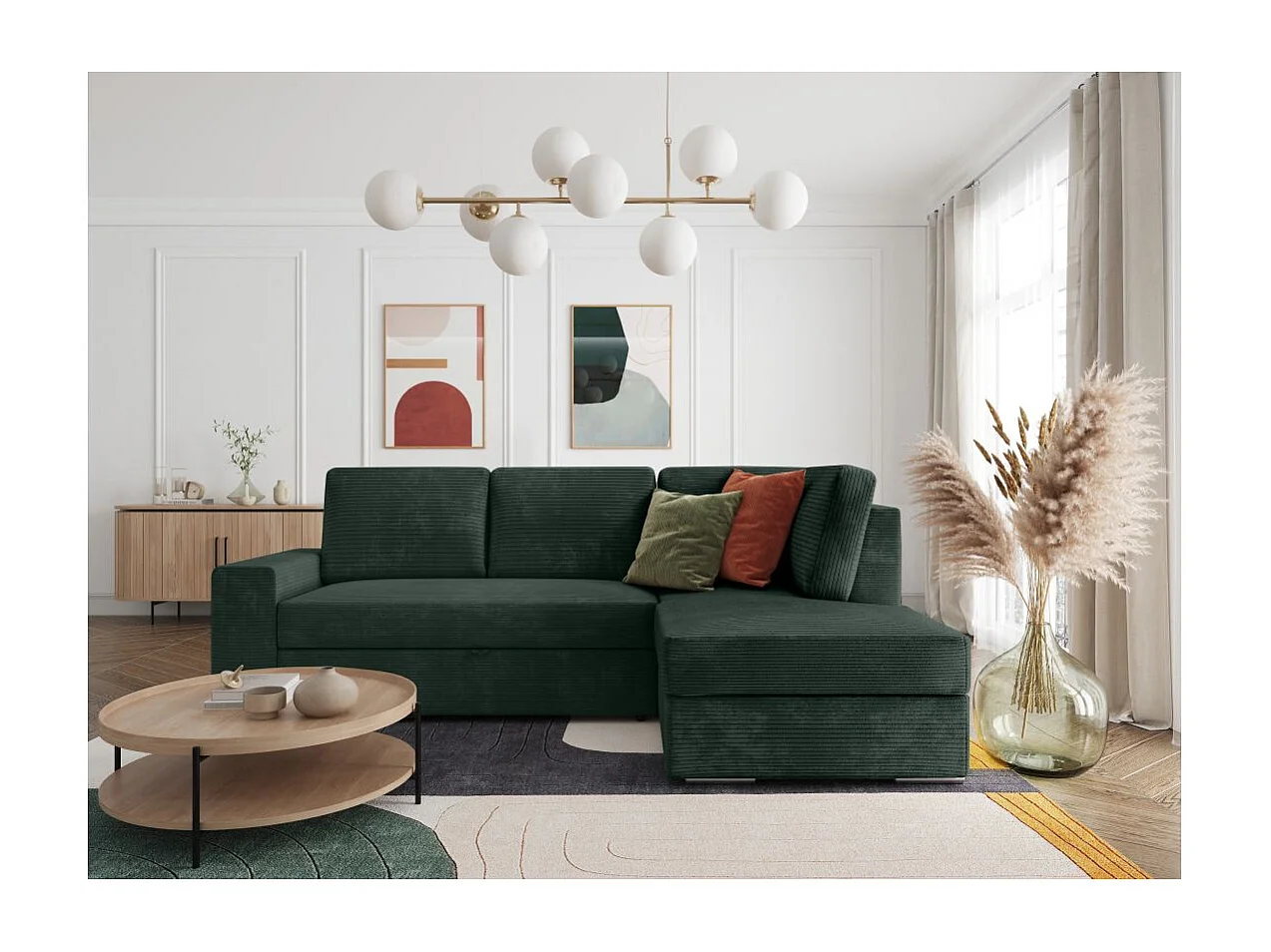 Canapé d'angle droit 3 places convertible Aden avec coffre en velours côtelé - Vert foncé - L246 x P174 x H96cm - Loungitude
