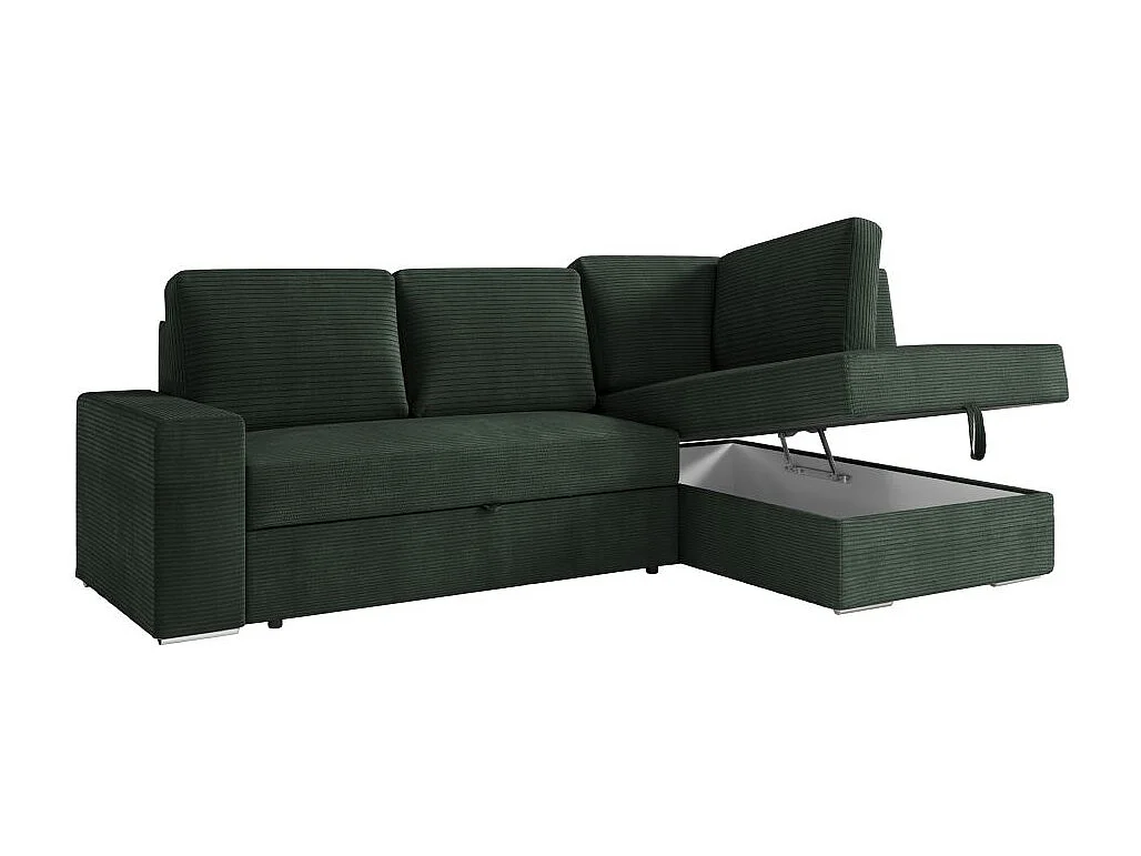 Canapé d'angle droit 3 places convertible Aden avec coffre en velours côtelé - Vert foncé - L246 x P174 x H96cm - Loungitude