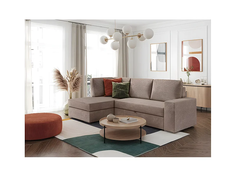 Canapé d'angle gauche 3 places convertible Aden avec coffre en velours côtelé - Taupe - L246 x P174 x H96cm - Loungitude