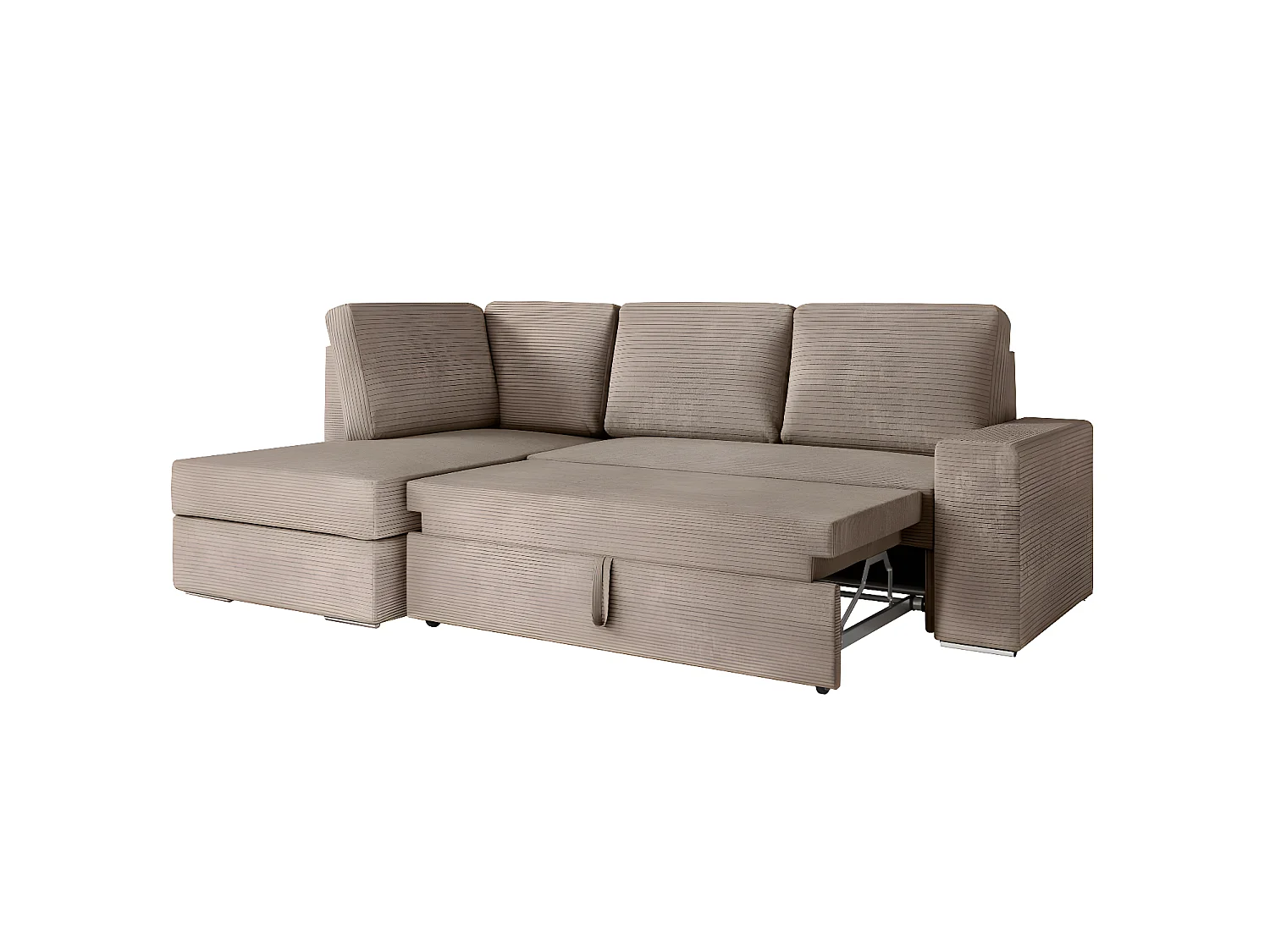 Canapé d'angle gauche 3 places convertible Aden avec coffre en velours côtelé - Taupe - L246 x P174 x H96cm - Loungitude