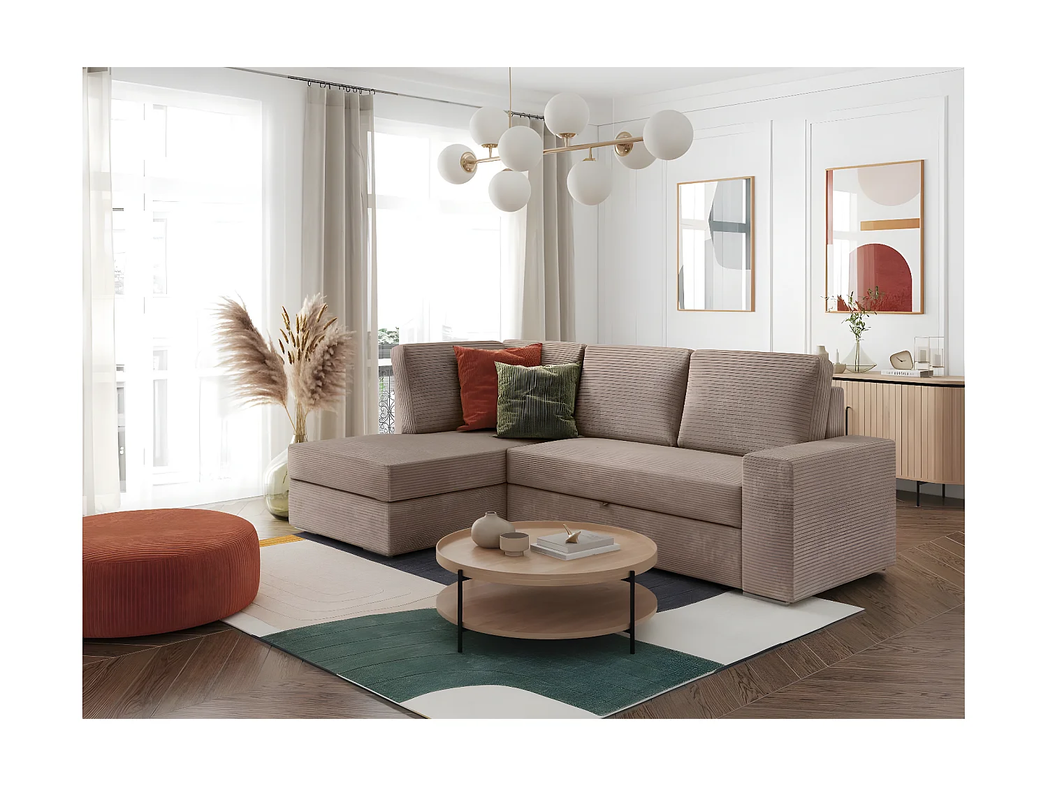 Canapé d'angle gauche 3 places convertible Aden avec coffre en velours côtelé - Taupe - L246 x P174 x H96cm - Loungitude