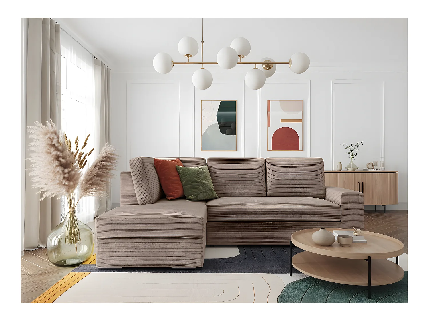 Canapé d'angle gauche 3 places convertible Aden avec coffre en velours côtelé - Taupe - L246 x P174 x H96cm - Loungitude