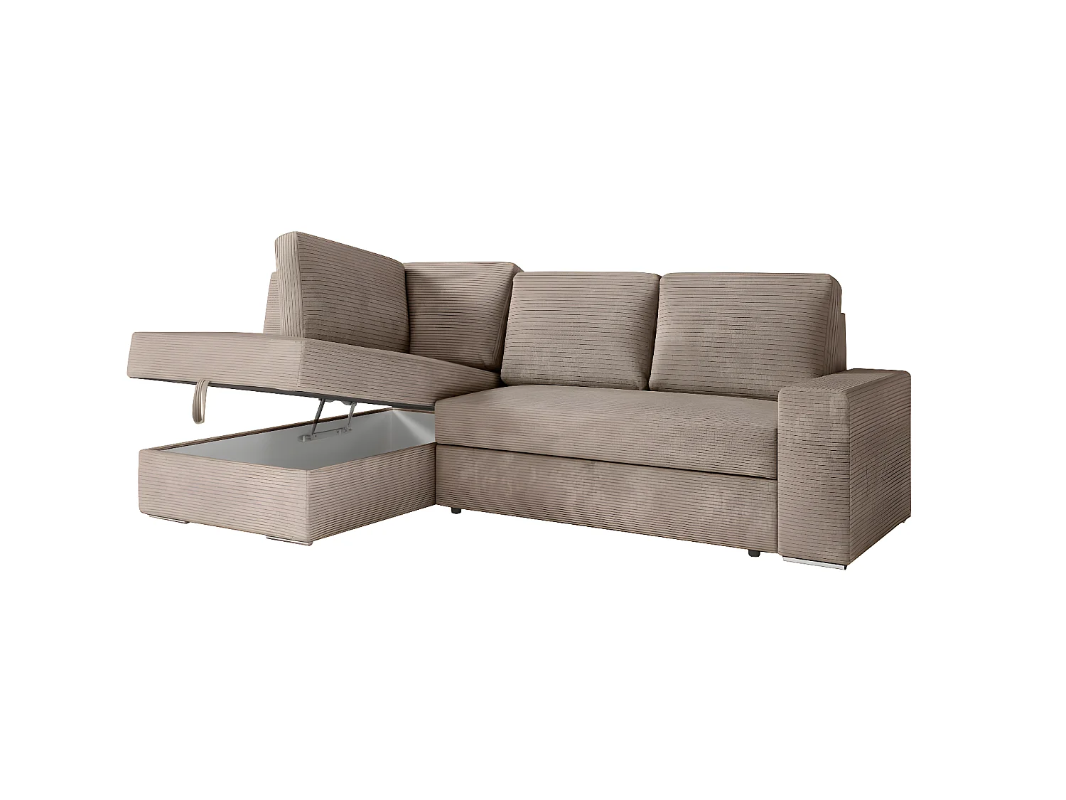 Canapé d'angle gauche 3 places convertible Aden avec coffre en velours côtelé - Taupe - L246 x P174 x H96cm - Loungitude