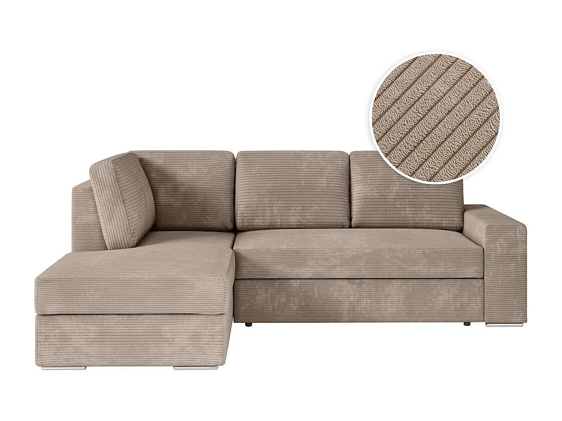 Canapé d'angle gauche 3 places convertible Aden avec coffre en velours côtelé - Taupe - L246 x P174 x H96cm - Loungitude