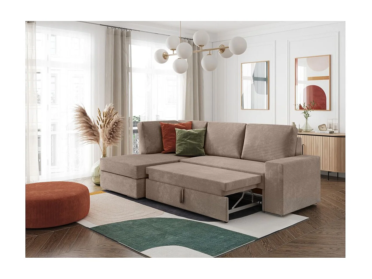 Canapé d'angle gauche 3 places convertible Aden avec coffre en velours côtelé - Taupe - L246 x P174 x H96cm - Loungitude