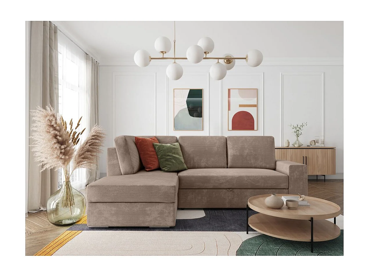 Canapé d'angle gauche 3 places convertible Aden avec coffre en velours côtelé - Taupe - L246 x P174 x H96cm - Loungitude