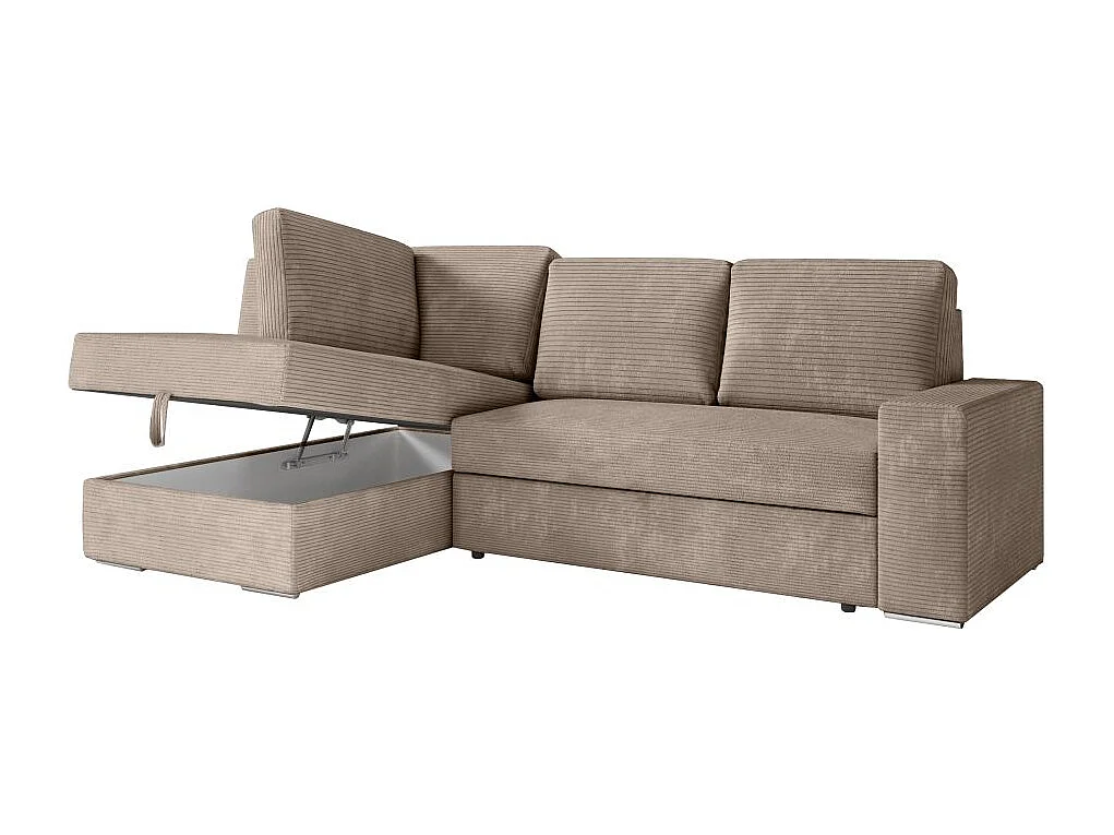 Canapé d'angle gauche 3 places convertible Aden avec coffre en velours côtelé - Taupe - L246 x P174 x H96cm - Loungitude