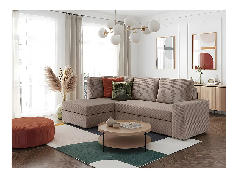 Canapé d'angle gauche 3 places convertible Aden avec coffre en velours côtelé - Taupe - L246 x P174 x H96cm - Loungitude