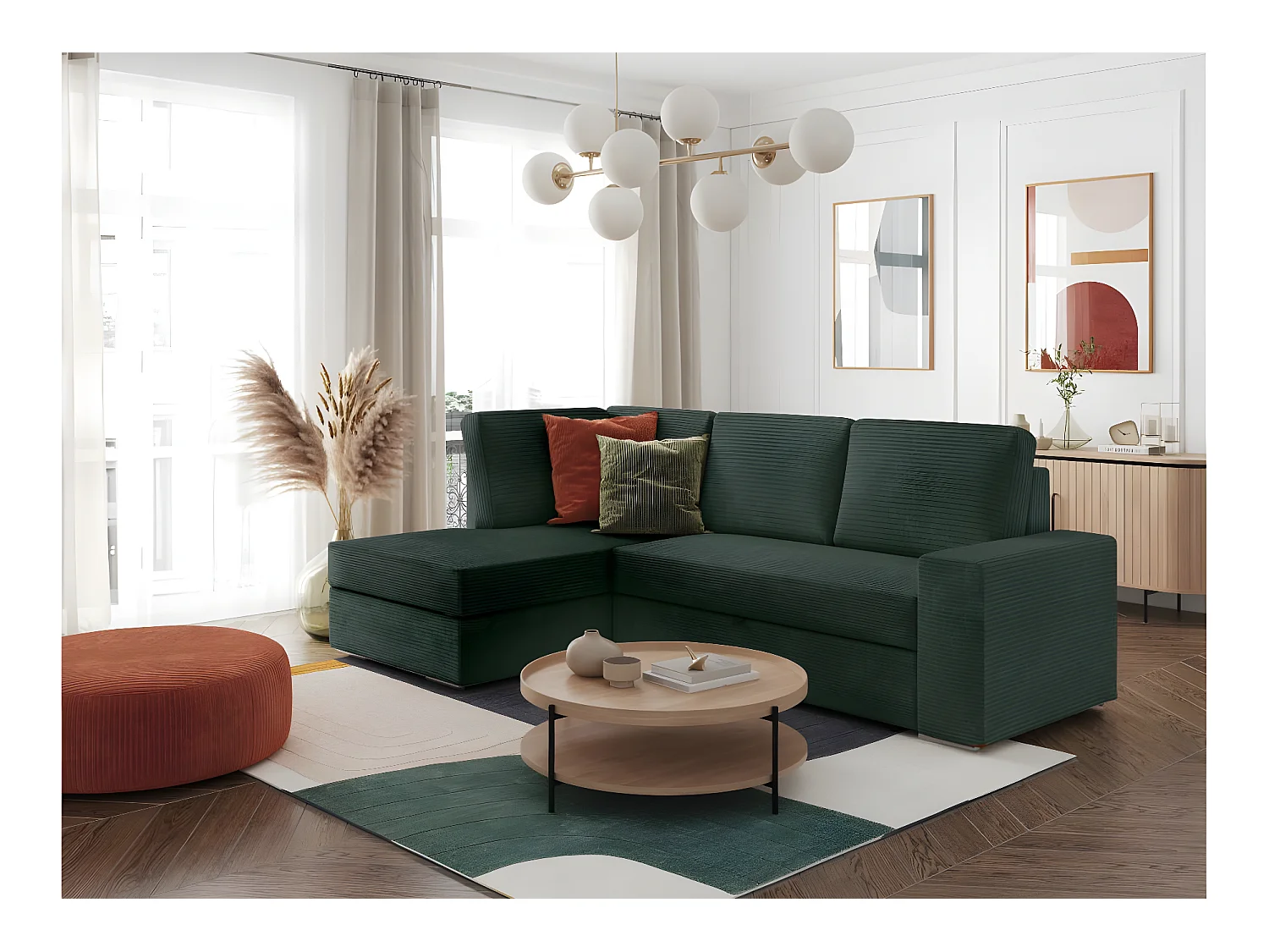 Canapé d'angle gauche 3 places convertible Aden avec coffre en velours côtelé - Vert foncé - L246 x P174 x H96cm - Loungitude