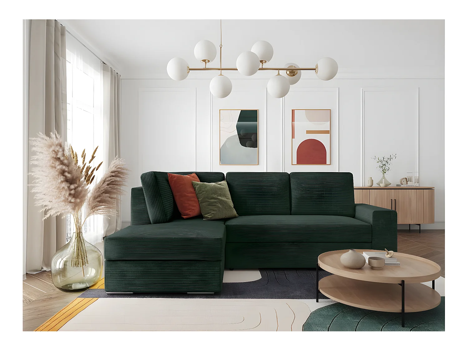 Canapé d'angle gauche 3 places convertible Aden avec coffre en velours côtelé - Vert foncé - L246 x P174 x H96cm - Loungitude