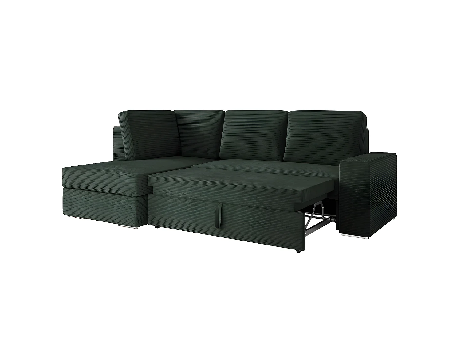 Canapé d'angle gauche 3 places convertible Aden avec coffre en velours côtelé - Vert foncé - L246 x P174 x H96cm - Loungitude