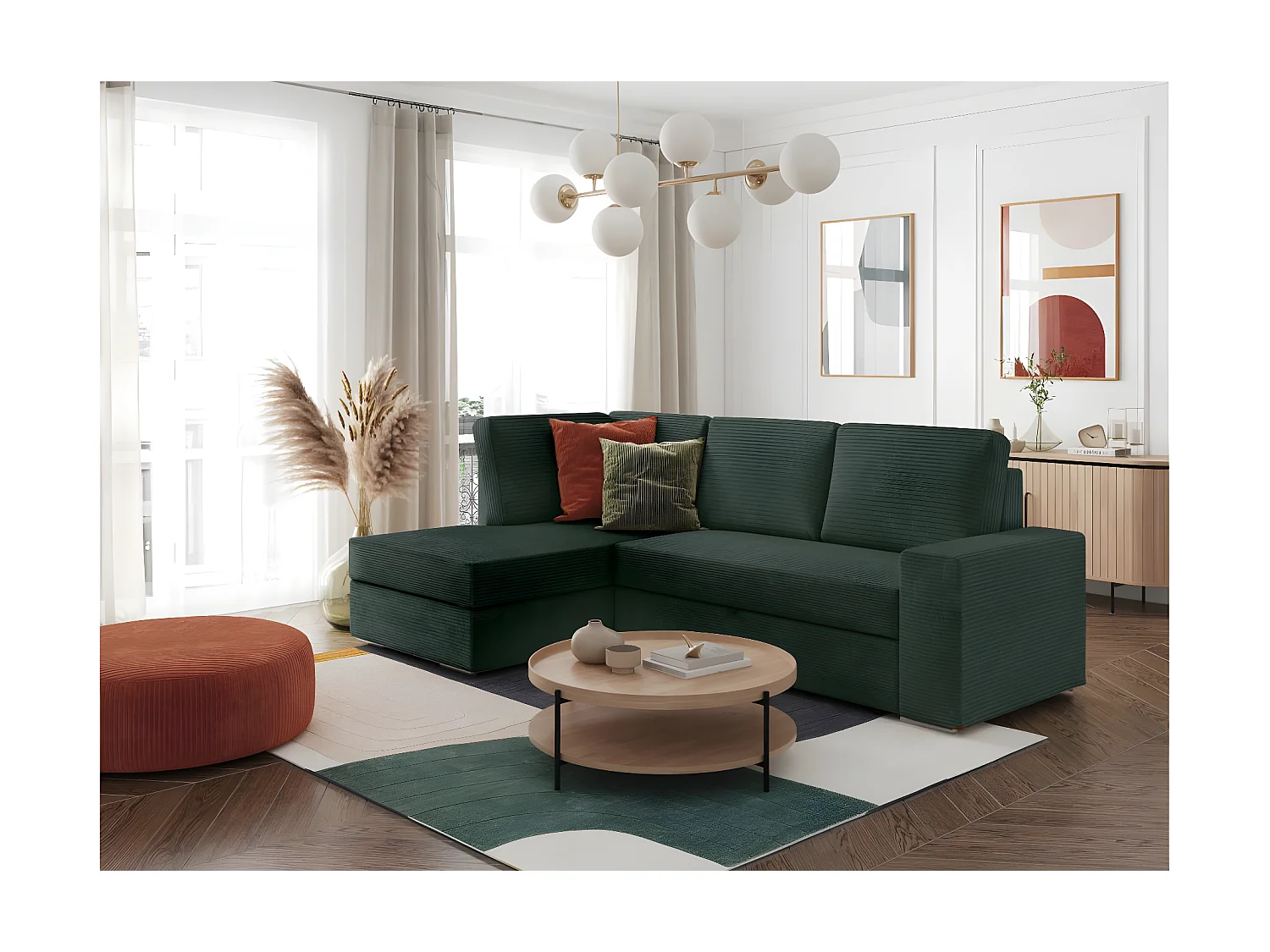 Canapé d'angle gauche 3 places convertible Aden avec coffre en velours côtelé - Vert foncé - L246 x P174 x H96cm - Loungitude