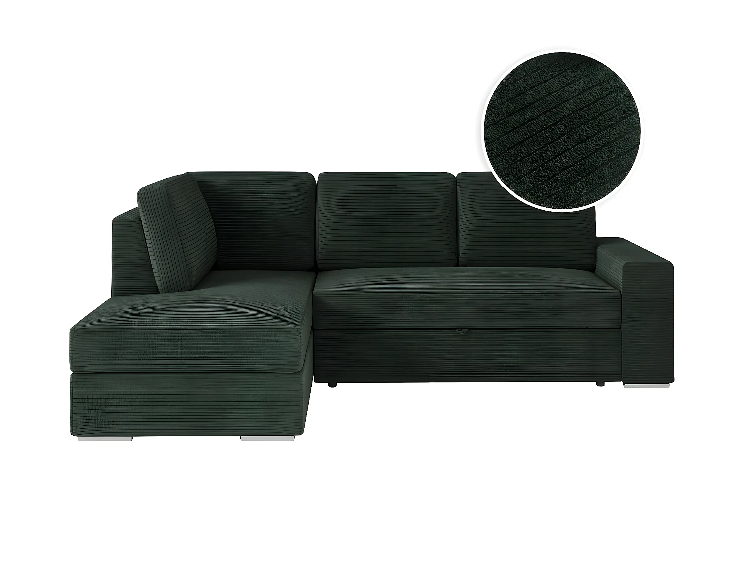 Canapé d'angle gauche 3 places convertible Aden avec coffre en velours côtelé - Vert foncé - L246 x P174 x H96cm - Loungitude