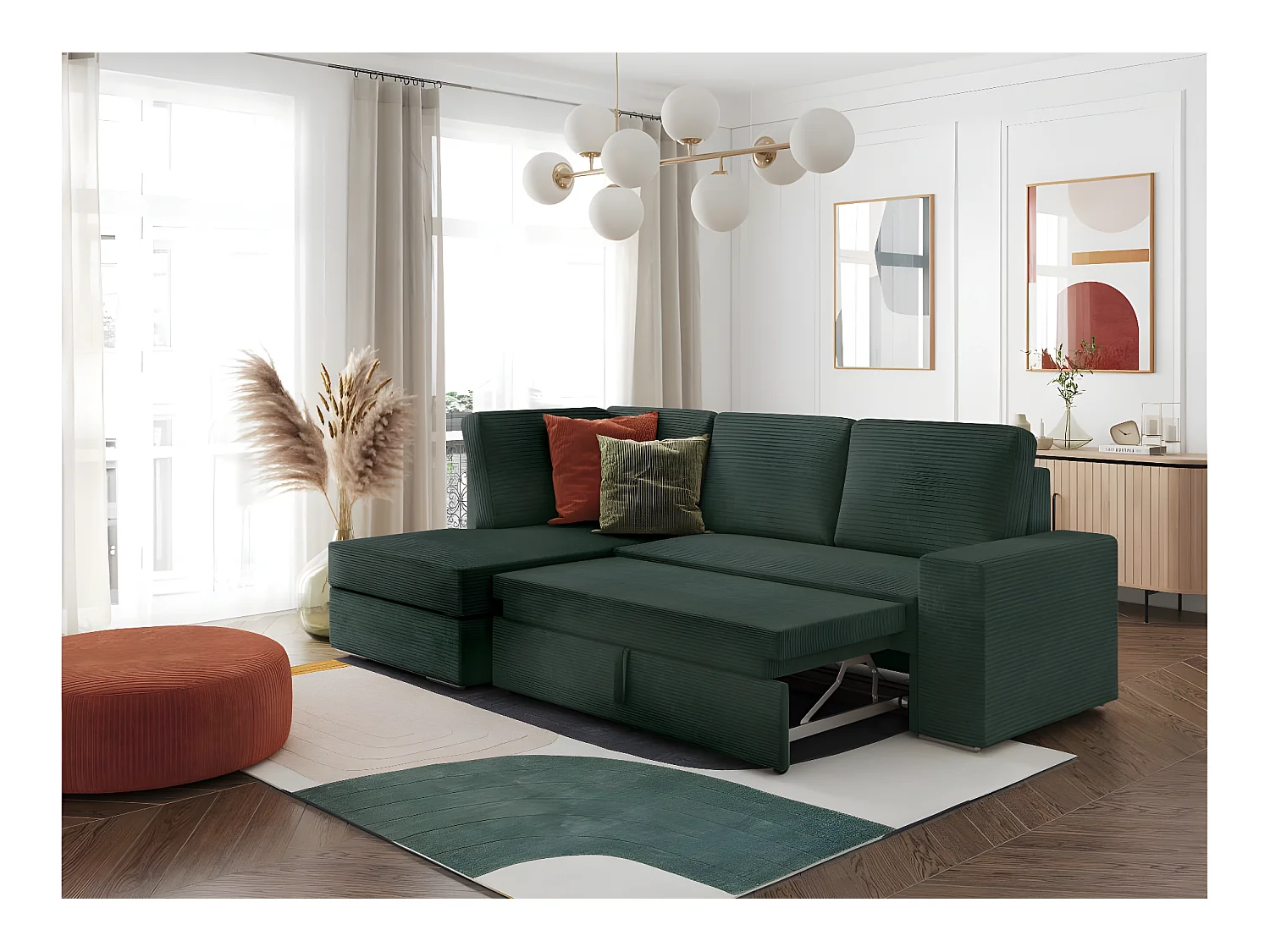 Canapé d'angle gauche 3 places convertible Aden avec coffre en velours côtelé - Vert foncé - L246 x P174 x H96cm - Loungitude