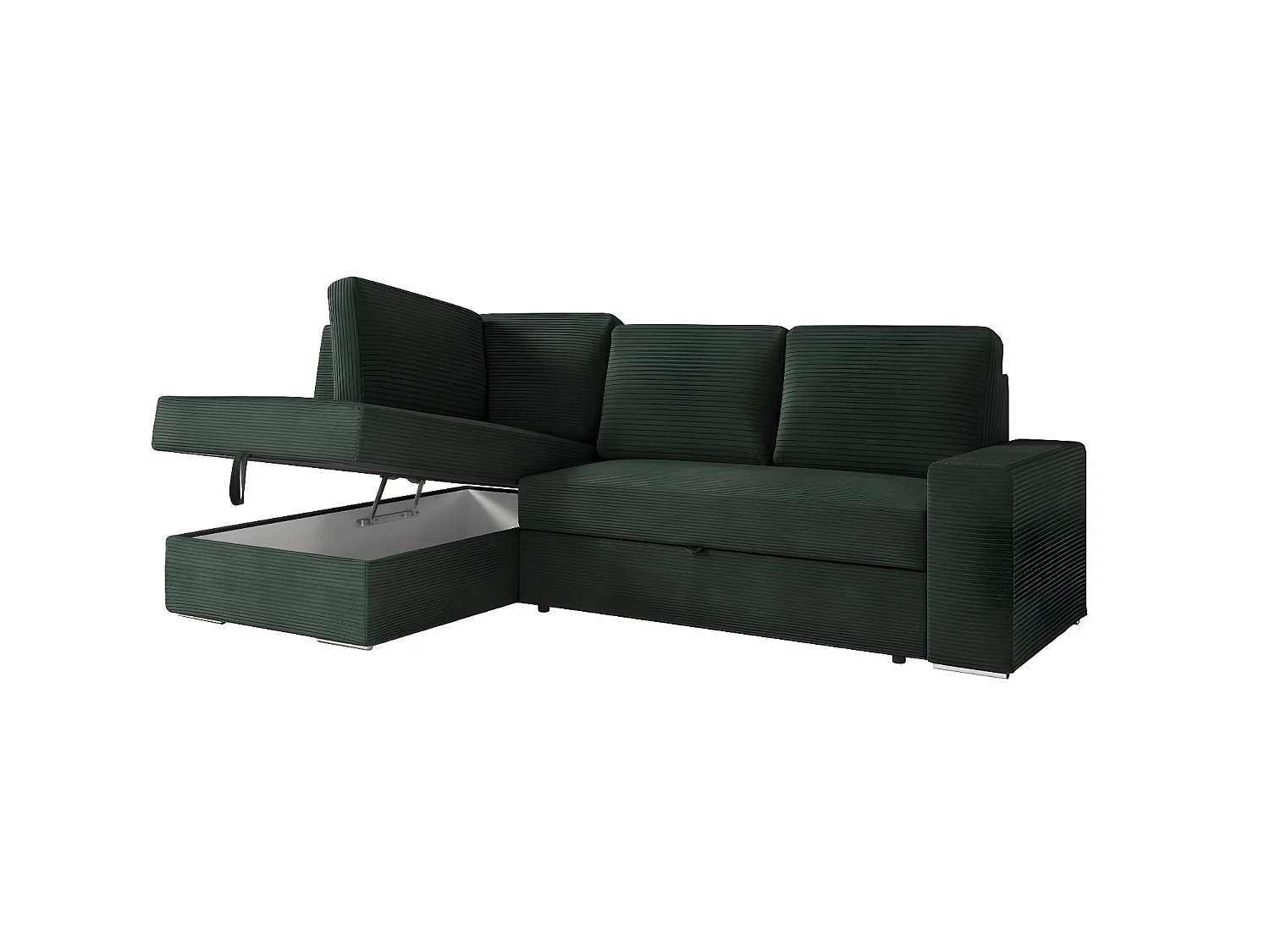 Canapé d'angle gauche 3 places convertible Aden avec coffre en velours côtelé - Vert foncé - L246 x P174 x H96cm - Loungitude