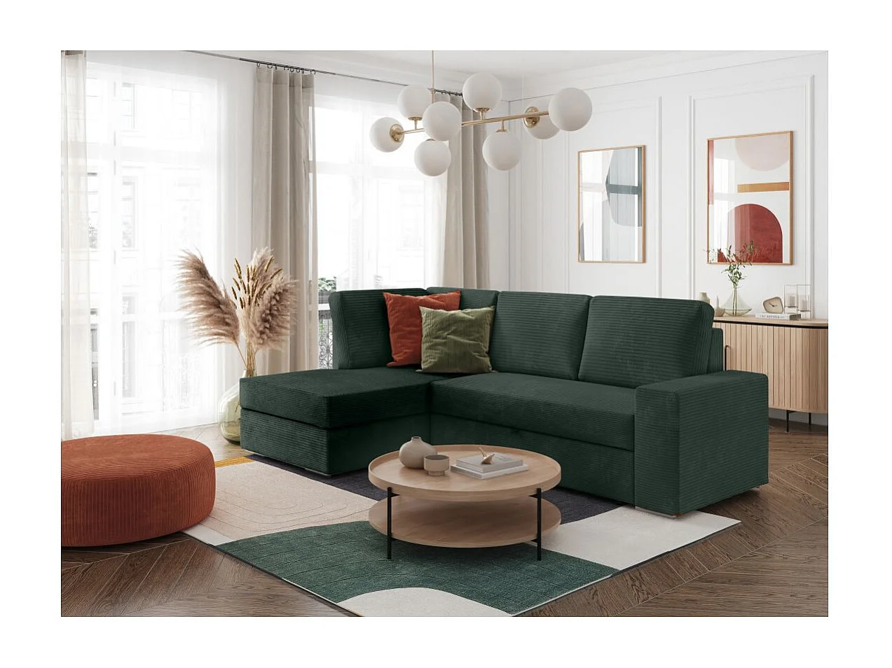 Canapé d'angle gauche 3 places convertible Aden avec coffre en velours côtelé - Vert foncé - L246 x P174 x H96cm - Loungitude