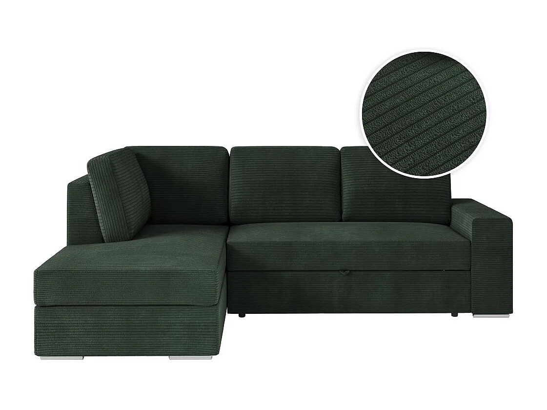 Canapé d'angle gauche 3 places convertible Aden avec coffre en velours côtelé - Vert foncé - L246 x P174 x H96cm - Loungitude