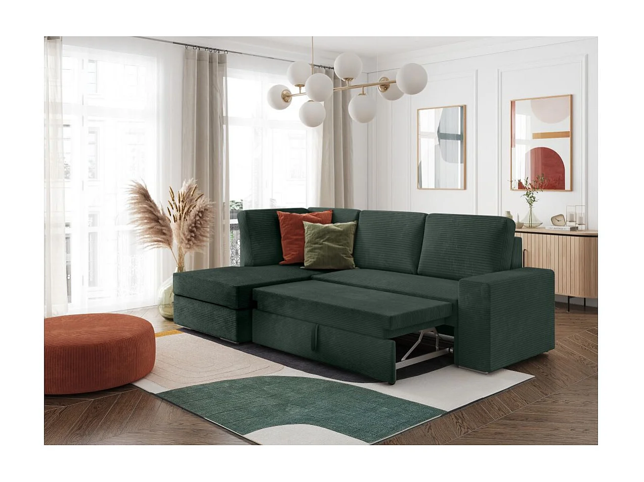 Canapé d'angle gauche 3 places convertible Aden avec coffre en velours côtelé - Vert foncé - L246 x P174 x H96cm - Loungitude