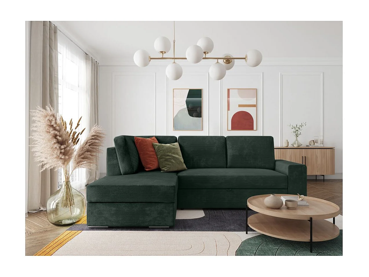 Canapé d'angle gauche 3 places convertible Aden avec coffre en velours côtelé - Vert foncé - L246 x P174 x H96cm - Loungitude